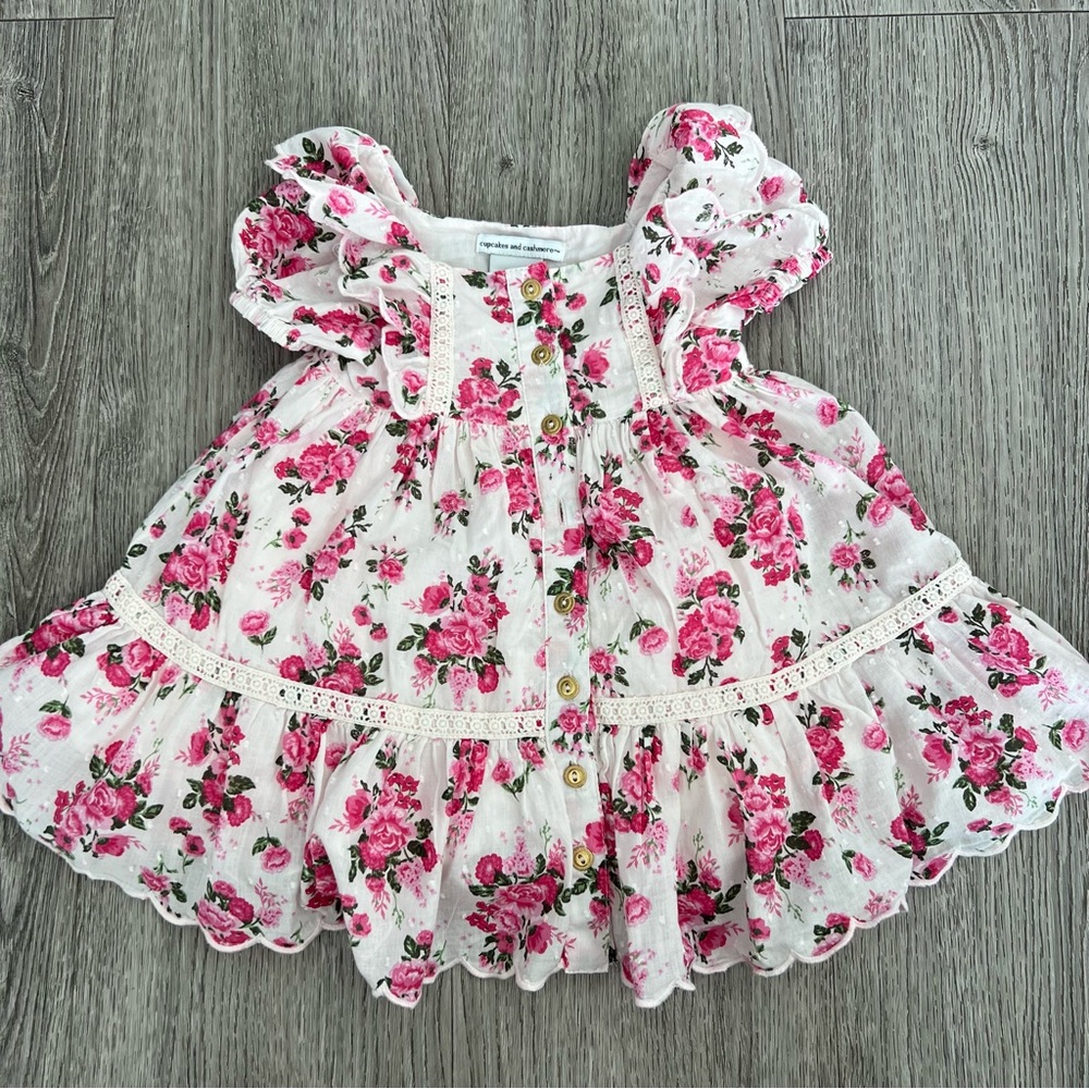Cupcakes and Cashmere Girls Ruffled Lined White Pink Floral Dress size 12 month